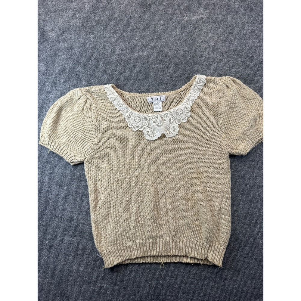 Vtg 90s TOI Sweater Womens M Tan Ramie Blend Knit Floral Lace Trim Puff Sleeve